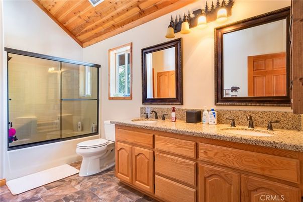 Bathroom, Dual Sink Vanities, Glass Shower, Interior, Wooden Ceilings
