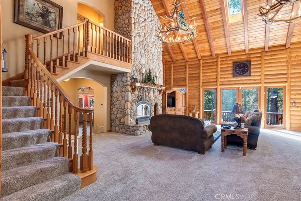 Chandelier, Fireplace, Interior, Living room, Wooden Ceilings, Wooden Walls