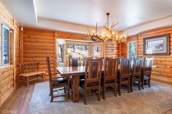 Chandelier, Dining room, Interior, Wood Texture Flooring, Wooden Walls