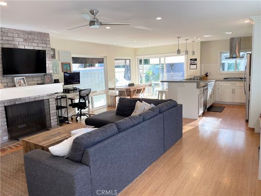 Dining room, Fireplace, Interior, Kitchen, Living room, Pendant Lights, Recessed Lighting, Stone Walls, Wood Texture Flooring