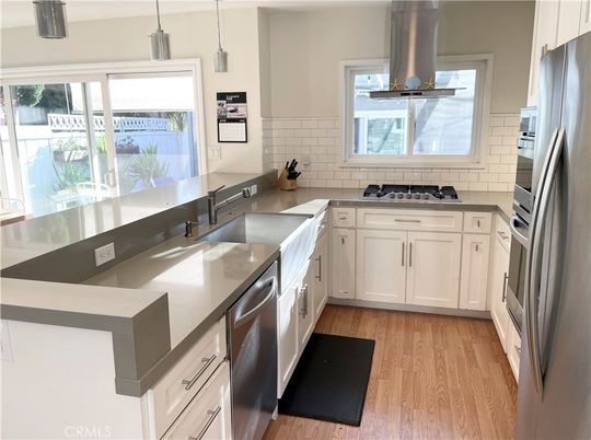 Interior, Kitchen, Pendant Lights, Stainless Steel Appliances, Wood Texture Flooring