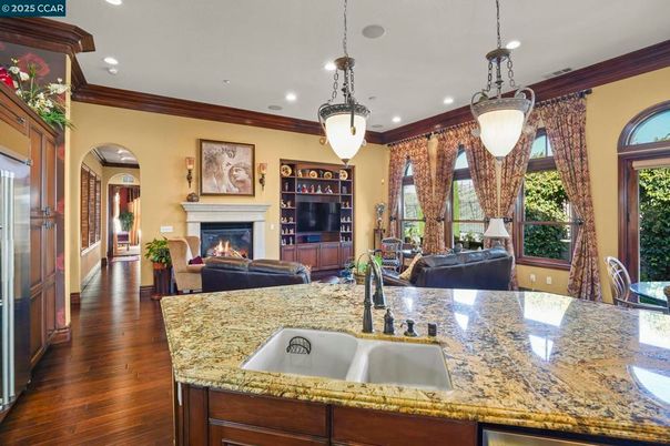 Fireplace, Interior, Pendant Lights, Recessed Lighting, Wood Texture Flooring