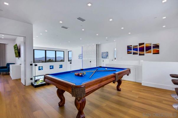 Billiard Table, Game Room, Interior, Recessed Lighting, Wood Texture Flooring