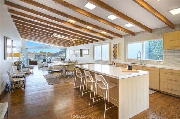 Dining room, Interior, Kitchen, Living room, Recessed Lighting, Water, Wooden Beams, Wood Texture Flooring