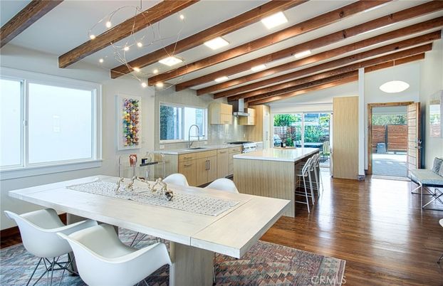 Dining room, Interior, Kitchen, Pendant Lights, Recessed Lighting, Wooden Beams, Wood Texture Flooring