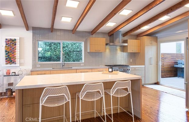 Interior, Kitchen, Recessed Lighting, Stainless Steel Appliances, Wooden Beams, Wood Texture Flooring