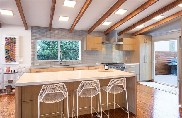 Interior, Kitchen, Recessed Lighting, Stainless Steel Appliances, Wooden Beams, Wood Texture Flooring
