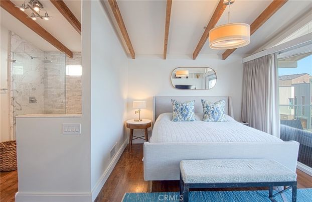 Bedroom, Interior, Marble Walls, Pendant Lights, Wooden Beams, Wood Texture Flooring