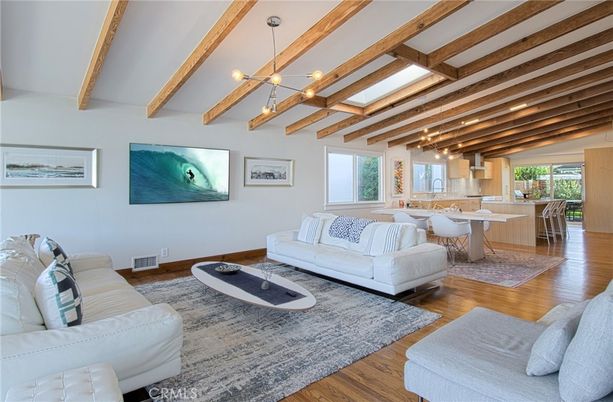 Dining room, Interior, Living room, Pendant Lights, Wooden Beams, Wood Texture Flooring