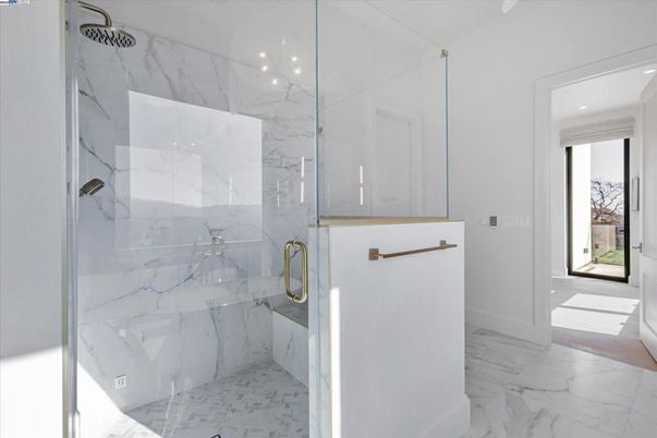 Bathroom, Glass Shower, Interior, Marble, Marble Walls, Recessed Lighting