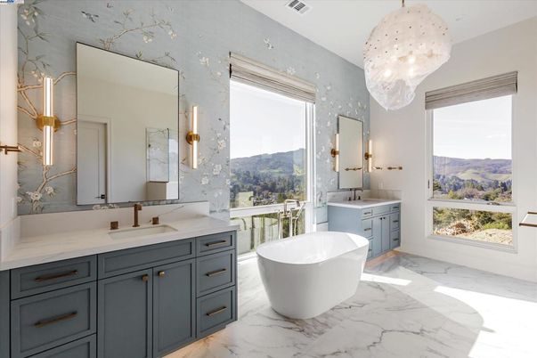 Bathroom, Dual Sink Vanities, Free Standing Baths, Interior, Marble, Pendant Lights