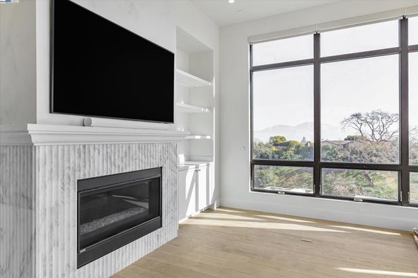 Fireplace, Interior, Recessed Lighting, Wood Texture Flooring