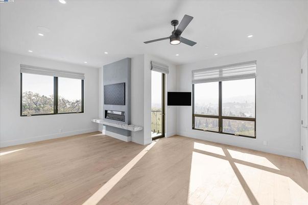 Empty room, Fireplace, Interior, Recessed Lighting, Wood Texture Flooring
