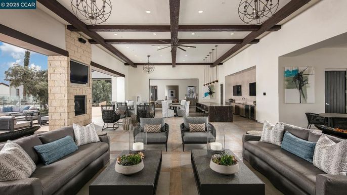 Dining room, Fireplace, Interior, Living room, Pendant Lights, Recessed Lighting, Wooden Beams