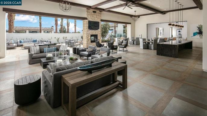 Dining room, Fireplace, Interior, Living room, Pendant Lights, Recessed Lighting, Stone Walls, Wooden Beams
