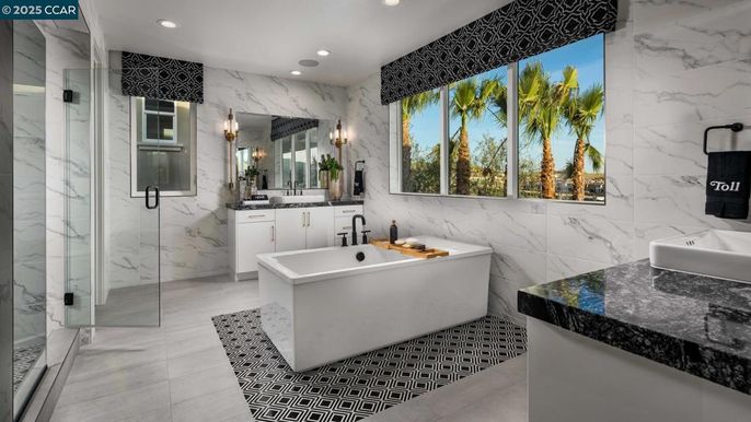Bathroom, Dual Sink Vanities, Glass Shower, Interior, Marble Walls, Recessed Lighting