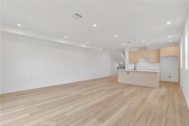 Empty room, Interior, Kitchen, Recessed Lighting, Wood Texture Flooring