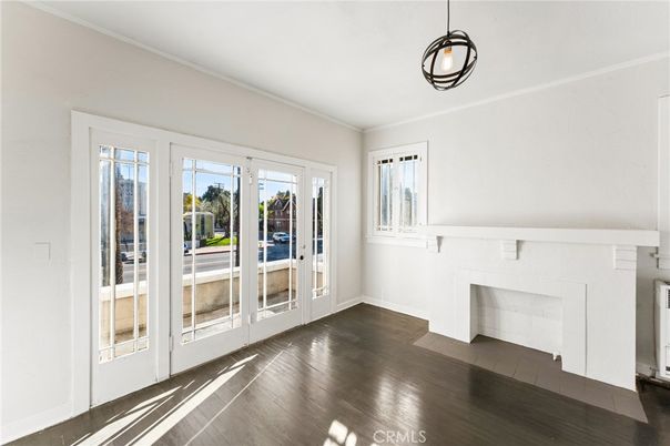Empty room, Fireplace, Interior, Pendant Lights, Wood Texture Flooring