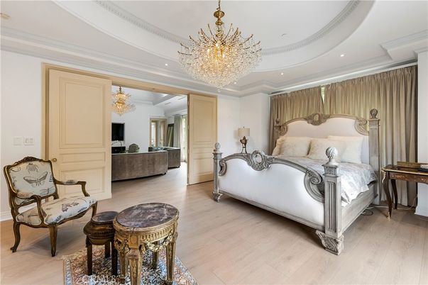 Bedroom, Chandelier, Interior, Recessed Lighting, Wood Texture Flooring