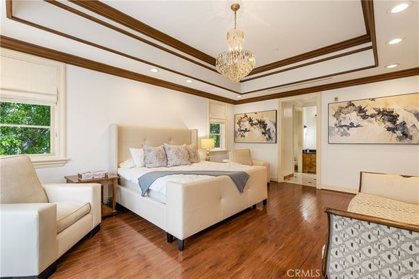 Bedroom, Chandelier, Interior, Recessed Lighting, Wood Texture Flooring
