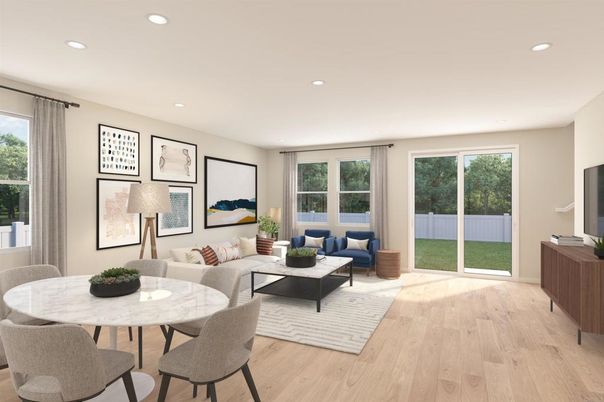 Dining room, Interior, Living room, Recessed Lighting, Wood Texture Flooring