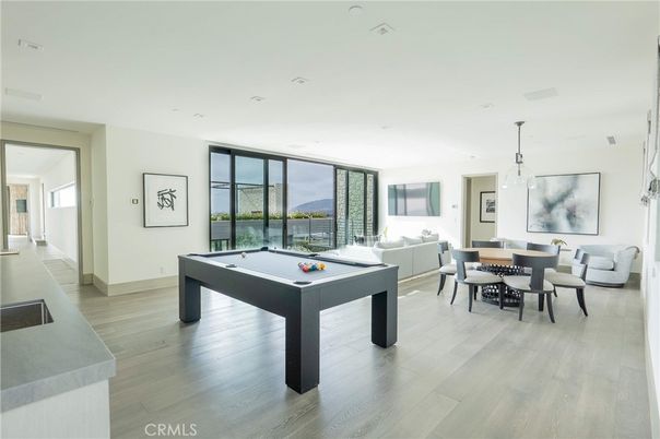 Billiard Table, Dining room, Game Room, Interior, Pendant Lights, Wood Texture Flooring