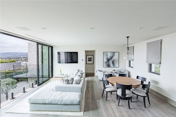 Dining room, Interior, Living room, Pendant Lights, Recessed Lighting, Wood Texture Flooring