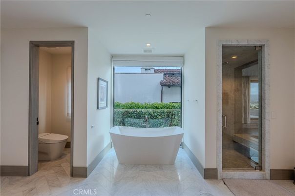 Bathroom, Free Standing Baths, Glass Shower, Interior, Marble, Recessed Lighting