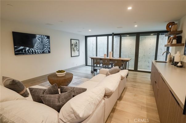 Dining room, Interior, Living room, Recessed Lighting, Wood Texture Flooring