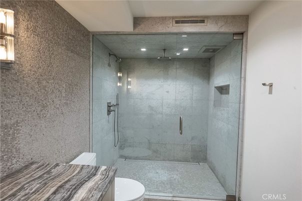 Bathroom, Glass Shower, Interior, Marble Walls, Recessed Lighting