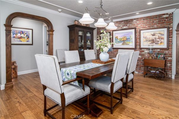 Chandelier, Dining room, Interior, Recessed Lighting, Stone Walls, Wood Texture Flooring