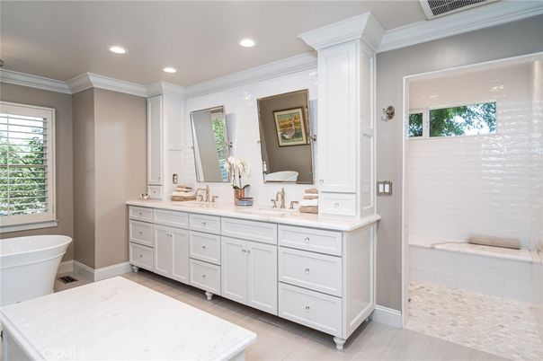 Bathroom, Dual Sink Vanities, Free Standing Baths, Interior, Recessed Lighting, Wood Texture Flooring