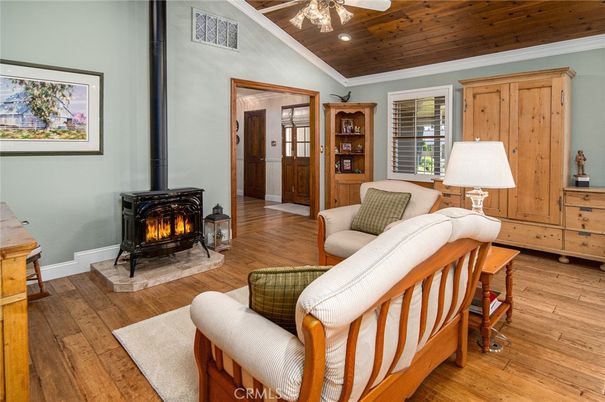 Fireplace, Interior, Living room, Recessed Lighting, Wooden Ceilings, Wood Texture Flooring