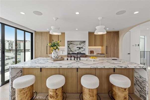 Interior, Kitchen, Marble Walls, Pendant Lights, Recessed Lighting