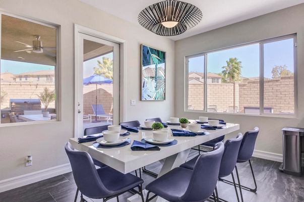 Dining room, Interior, Pendant Lights, Wood Texture Flooring