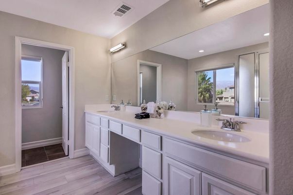 Bathroom, Dual Sink Vanities, Interior, Recessed Lighting, Wood Texture Flooring