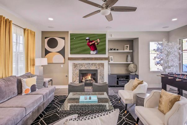 Fireplace, Game Room, Interior, Living room, Recessed Lighting