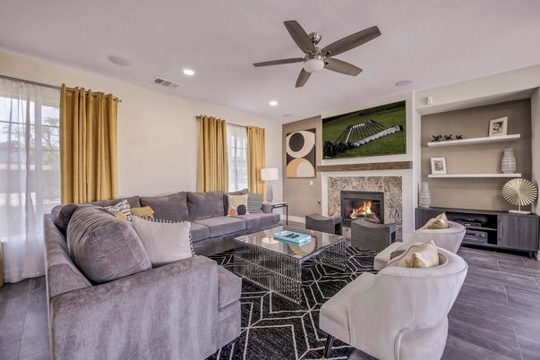 Fireplace, Interior, Living room, Recessed Lighting, Wood Texture Flooring