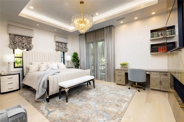 Bedroom, Chandelier, Home Office, Interior, Recessed Lighting, Wood Texture Flooring