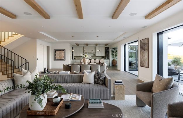Dining room, Interior, Living room, Pendant Lights, Recessed Lighting, Wooden Beams, Wood Texture Flooring