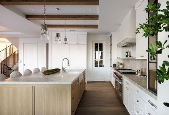 Interior, Kitchen, Pendant Lights, Recessed Lighting, Stainless Steel Appliances, Wooden Beams, Wood Texture Flooring