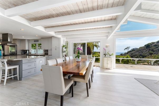 Dining room, Interior, Kitchen, Recessed Lighting, Stainless Steel Appliances, Water, Wooden Ceilings, Wood Texture Flooring