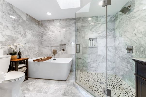 Bathroom, Free Standing Baths, Glass Shower, Interior, Marble, Marble Walls, Recessed Lighting
