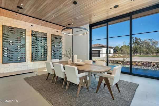 Dining room, Interior, Pendant Lights, Recessed Lighting, Wine Storage, Wooden Ceilings