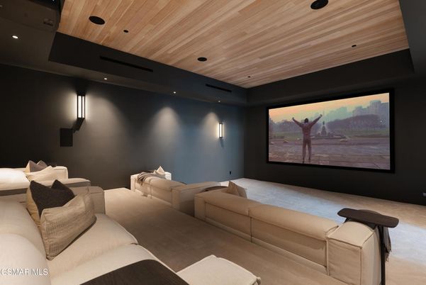 Interior, Projection Screen, Recessed Lighting, Theatre Room, Wooden Ceilings