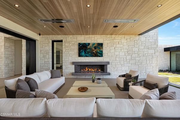Fireplace, Interior, Living room, Recessed Lighting, Stone Walls, Wooden Ceilings