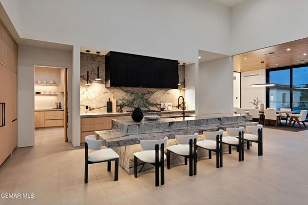 Dining room, Interior, Marble Walls, Pendant Lights, Recessed Lighting, Wooden Ceilings