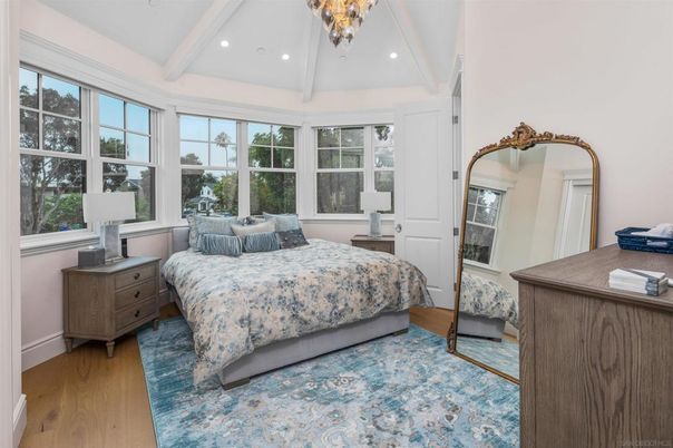 Bedroom, Chandelier, Interior, Recessed Lighting, Wood Texture Flooring