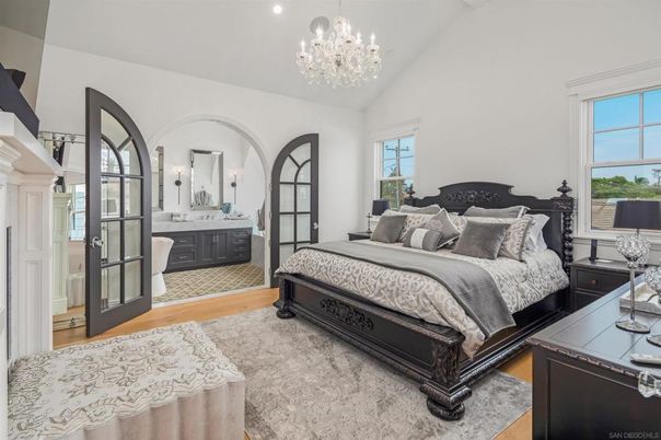 Bedroom, Chandelier, Interior, Recessed Lighting, Wood Texture Flooring