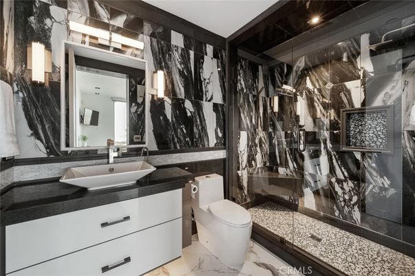 Bathroom, Glass Shower, Interior, Marble, Marble Walls, Recessed Lighting